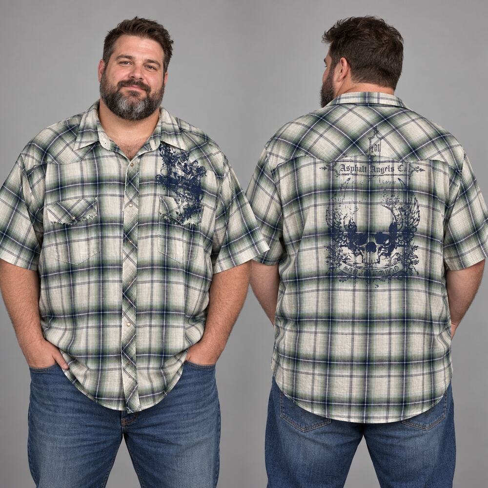 Route Sixty Six Men’s 3XL Blue Plaid Skull Graphic Button Front Shirt